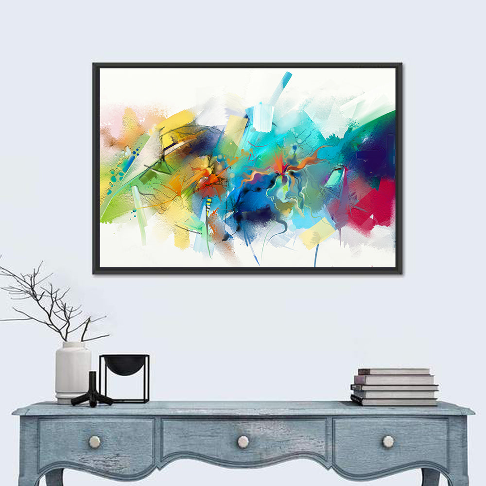 Teal Blue Color Burst Abstract Wall Art in a room, landscape