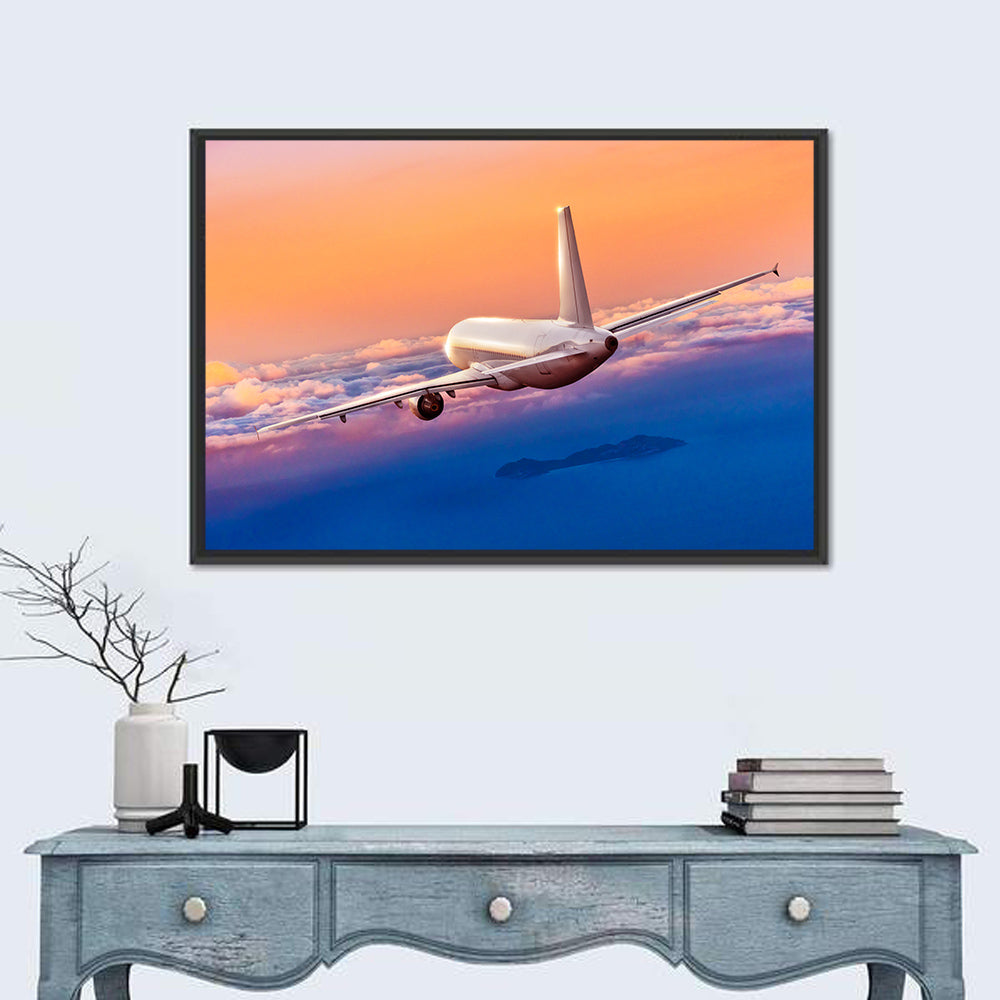 Airplane Over Clouds at Sunset Wall Art in a room, landscape