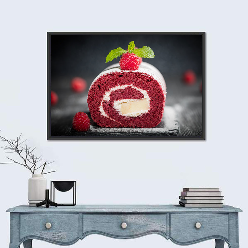 Raspberry Swiss Roll Cake Wall Art in a room, landscape