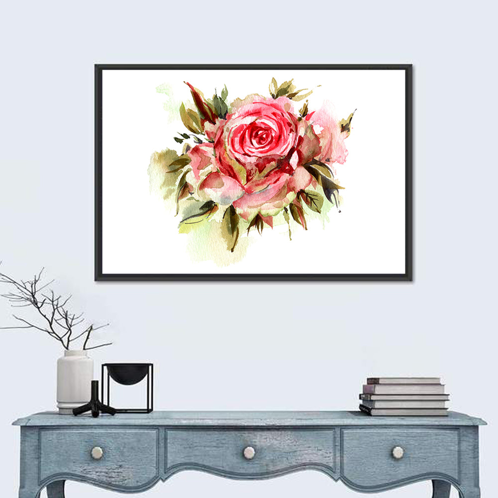 Single Bloom Rose Watercolor Wall Art in a room, landscape