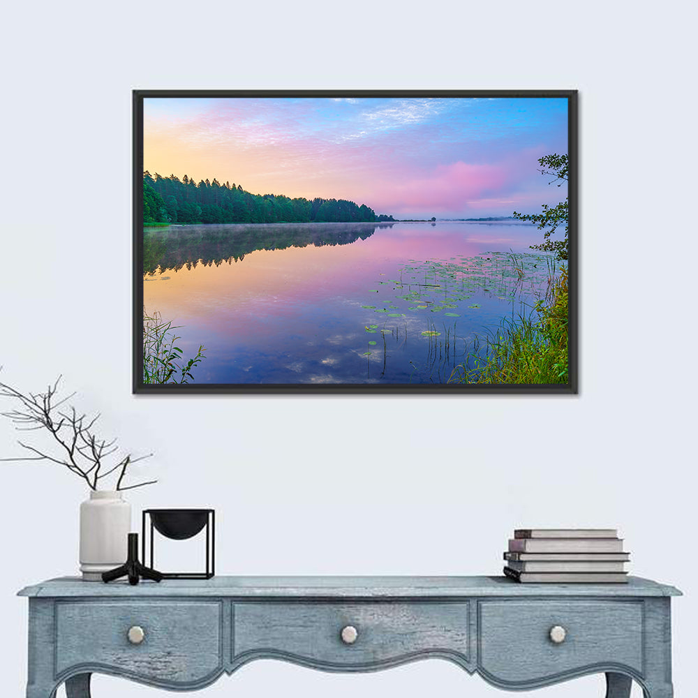 Sunrise Over Forest Lake Wall Art in a room, landscape