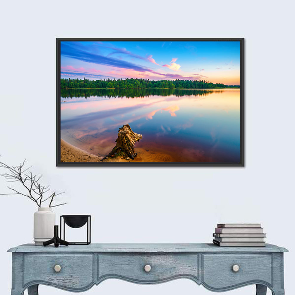 Colorful Sunset Over Forest Lake Wall Art in a room, landscape