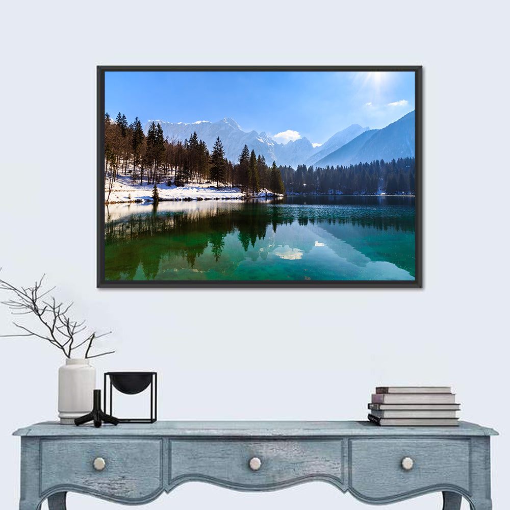 Alpine Lake Reflection Wall Art in a room, landscape
