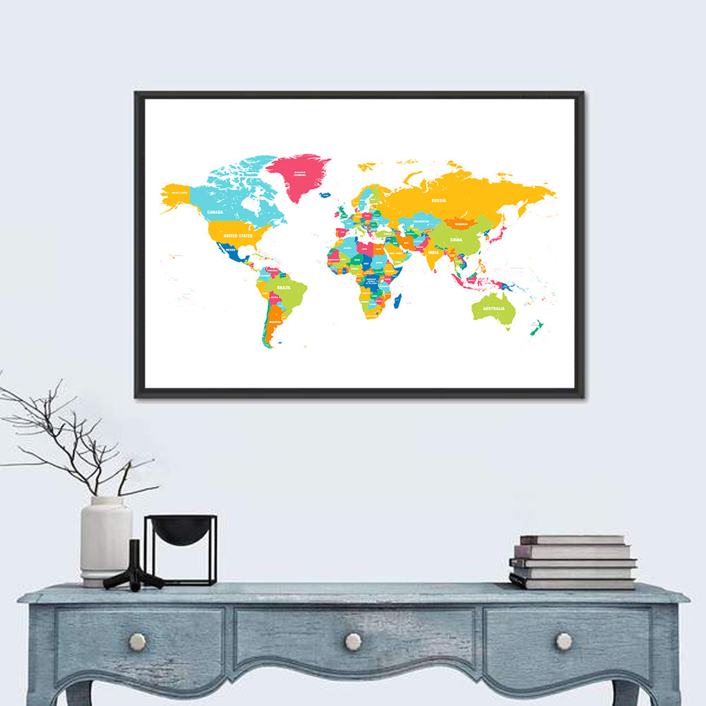 Colorful World Map Wall Art in a room, landscape