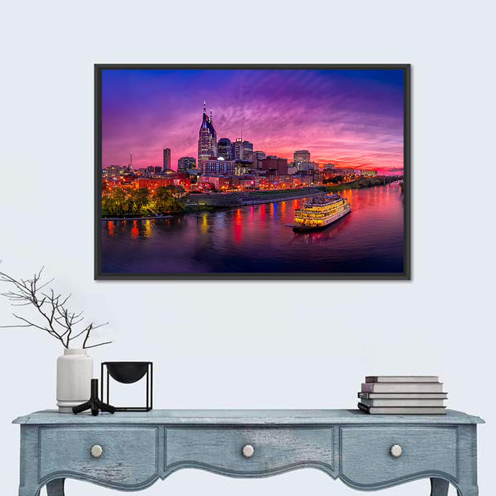 Nashville Riverfront Skyline at Dusk Wall Art in a room, landscape