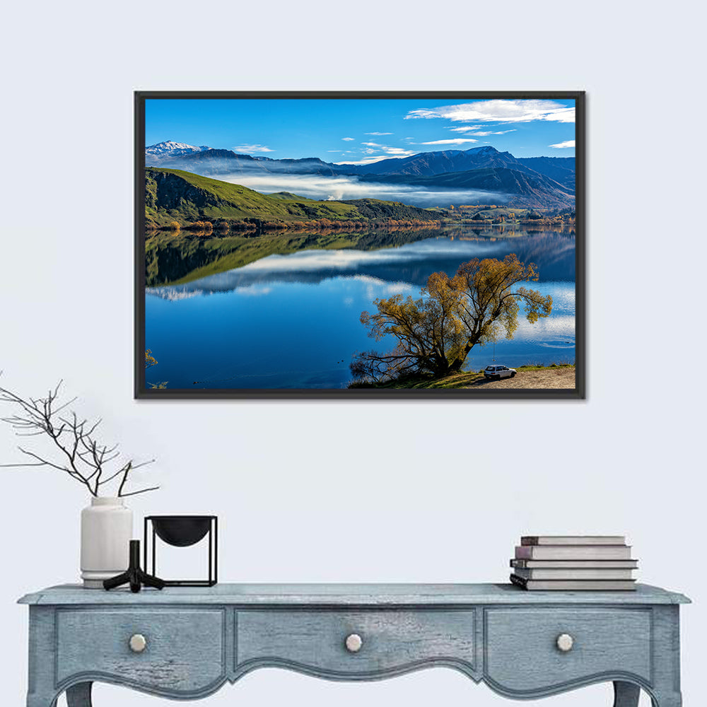 Lake Hayes Autumn Reflection Wall Art in a room, landscape