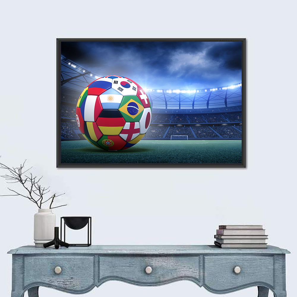 Soccer Ball on Stadium Pitch Wall Art in a room, landscape