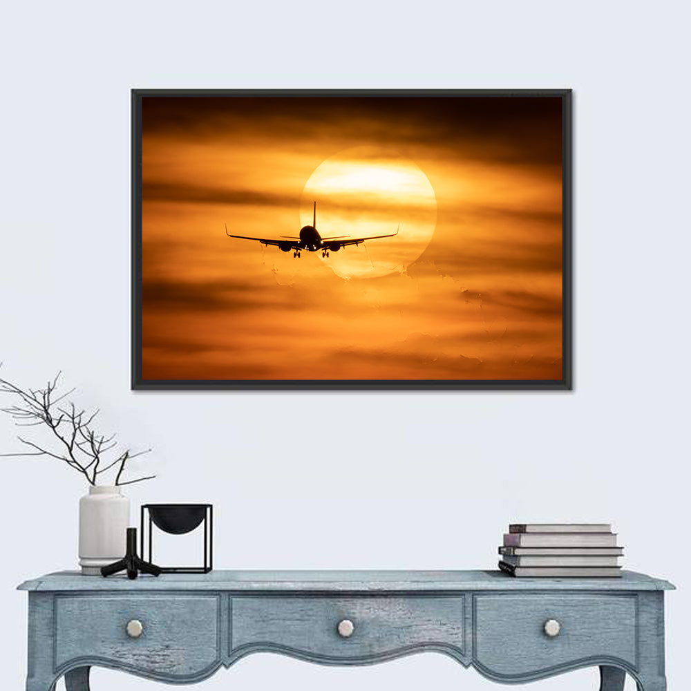 Airplane Silhouette at Golden Sunset Wall Art in a room, landscape