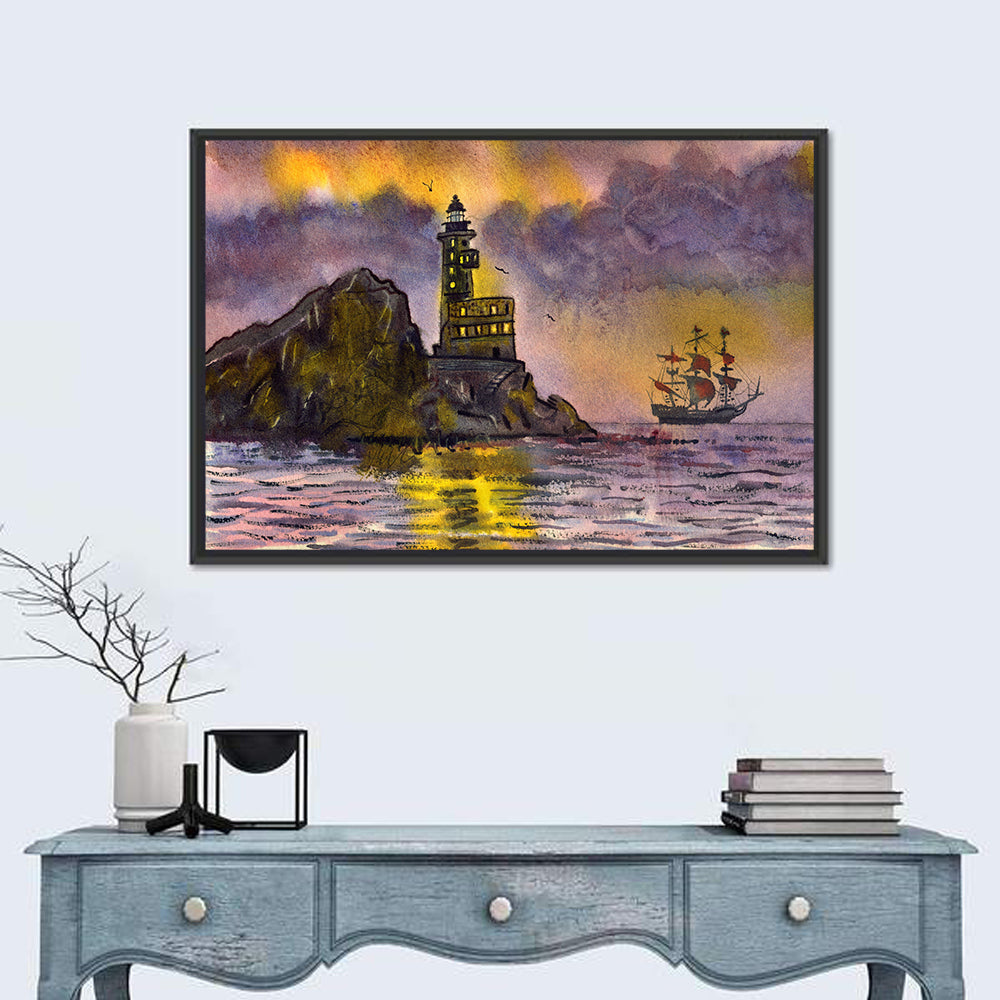 Lighthouse and Sailing Ship at Dusk Wall Art in a room, landscape
