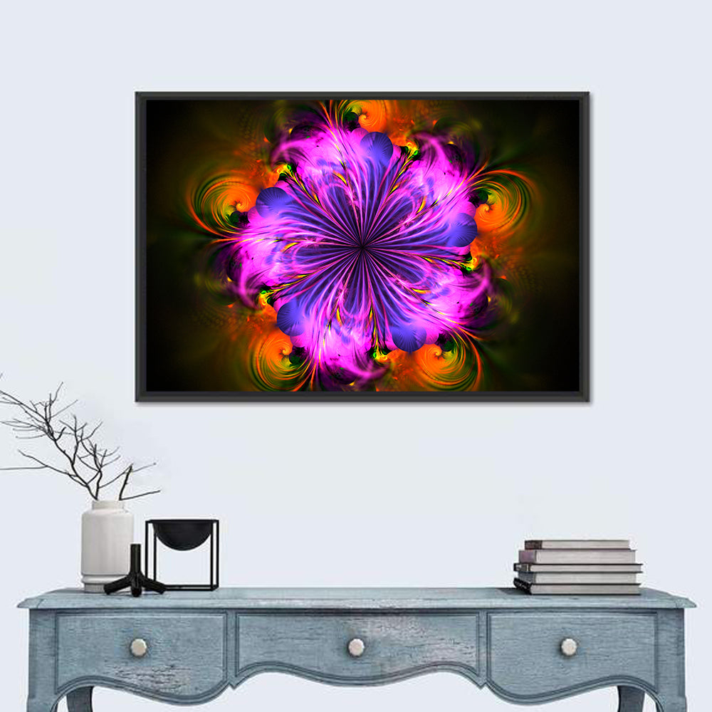 Vibrant Fractal Flower Wall Art in a room, landscape