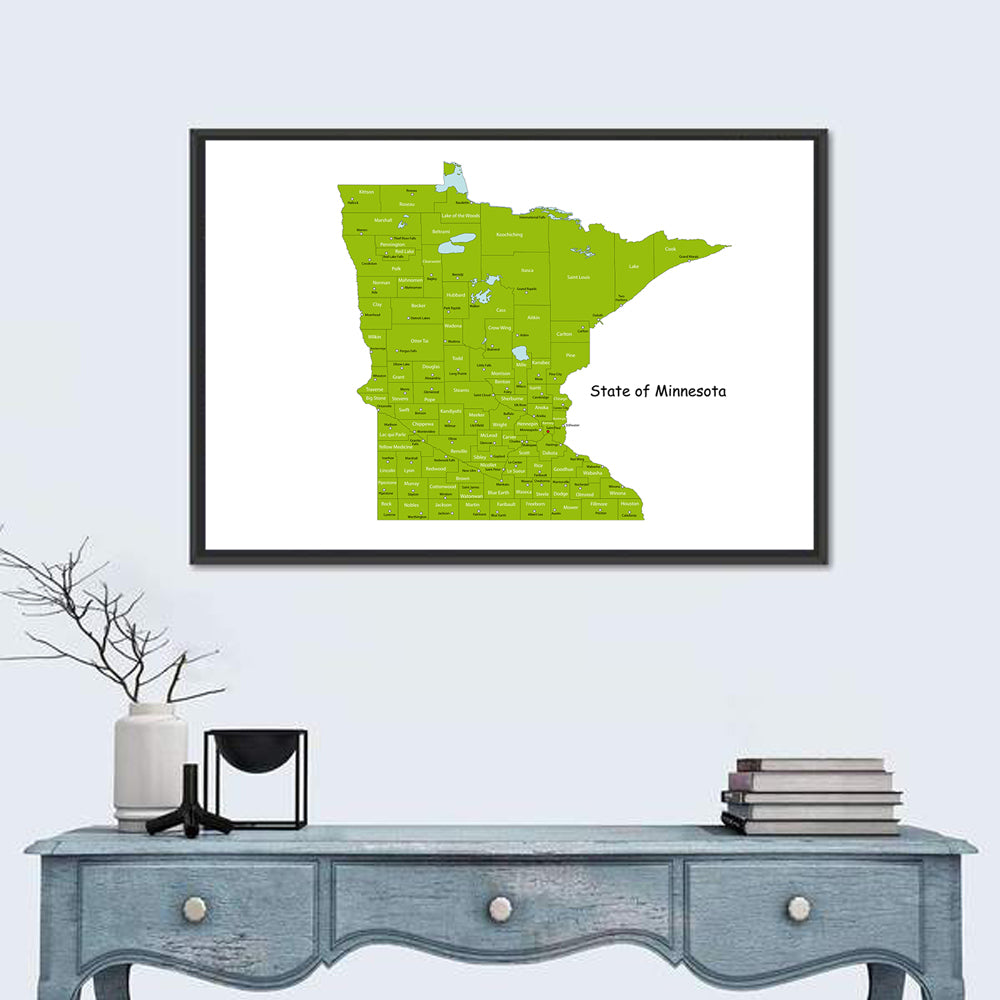 Green Minnesota County Map Wall Art in a room, landscape