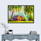 Impressionist Log Cabin in Green Forest Wall Art