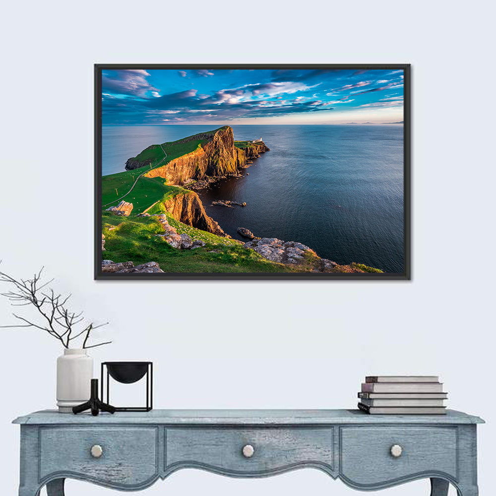 Neist Point Lighthouse at Golden Hour Wall Art in a room, landscape