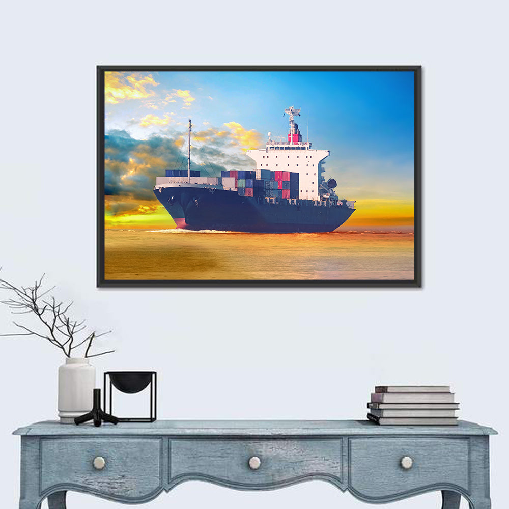 Container Ship at Golden Sunset Wall Art in a room, landscape