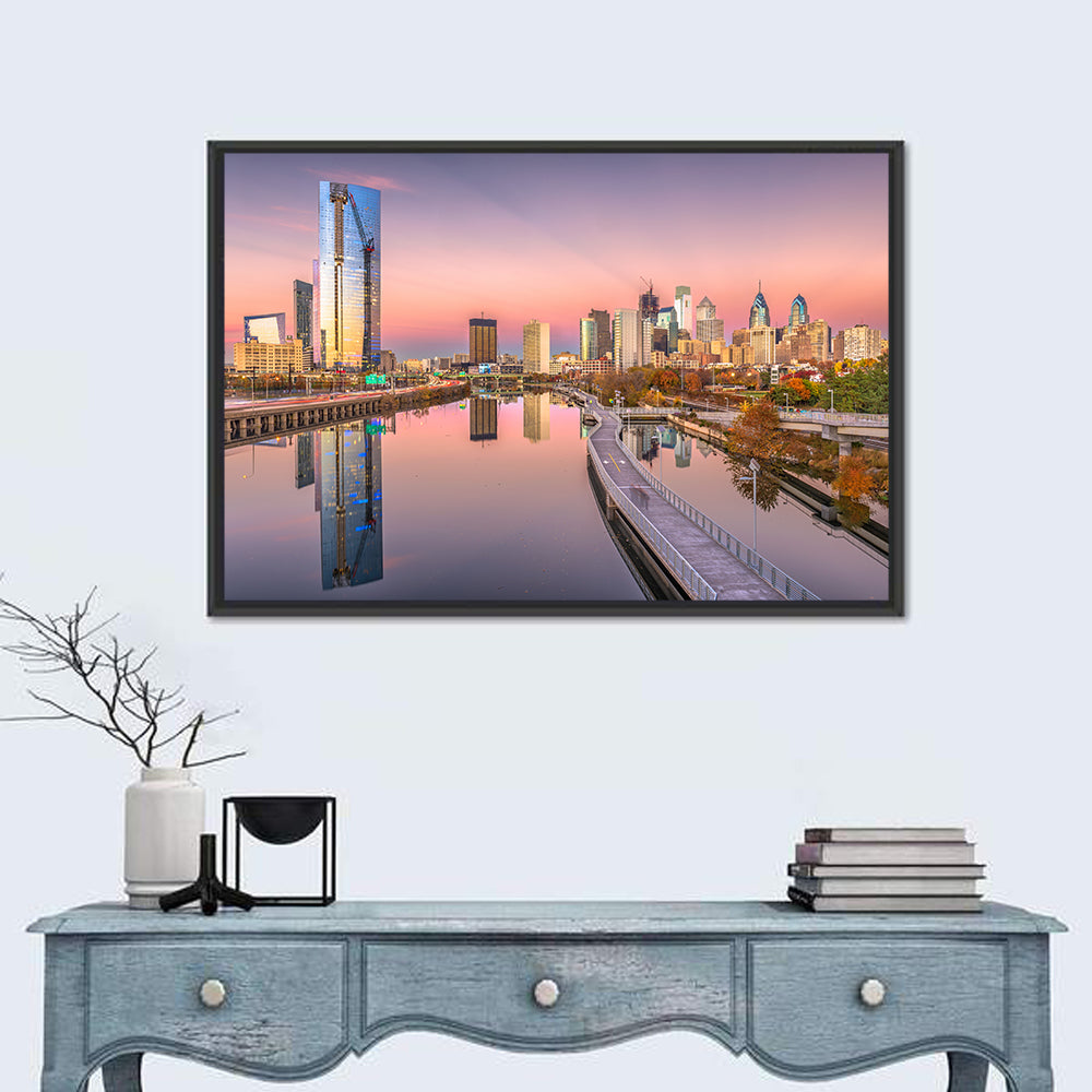 Philadelphia Skyline at Twilight Wall Art in a room, landscape