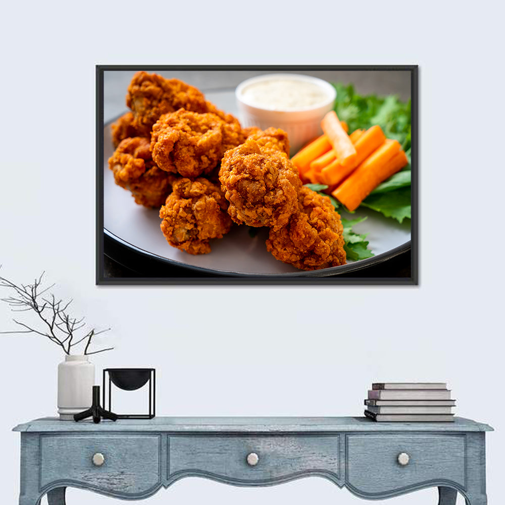 Crispy Spicy Chicken Wings with Carrot Sticks Wall Art in a room, landscape
