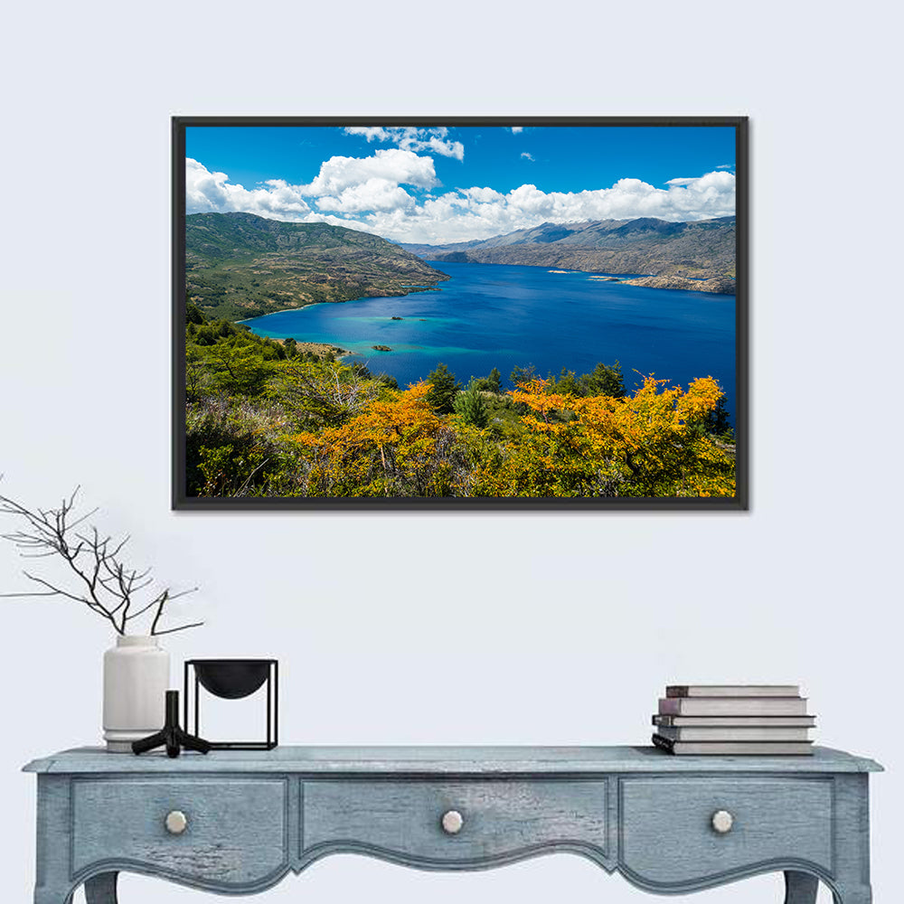 Lake Cochrane Autumn Shore Wall Art in a room, landscape