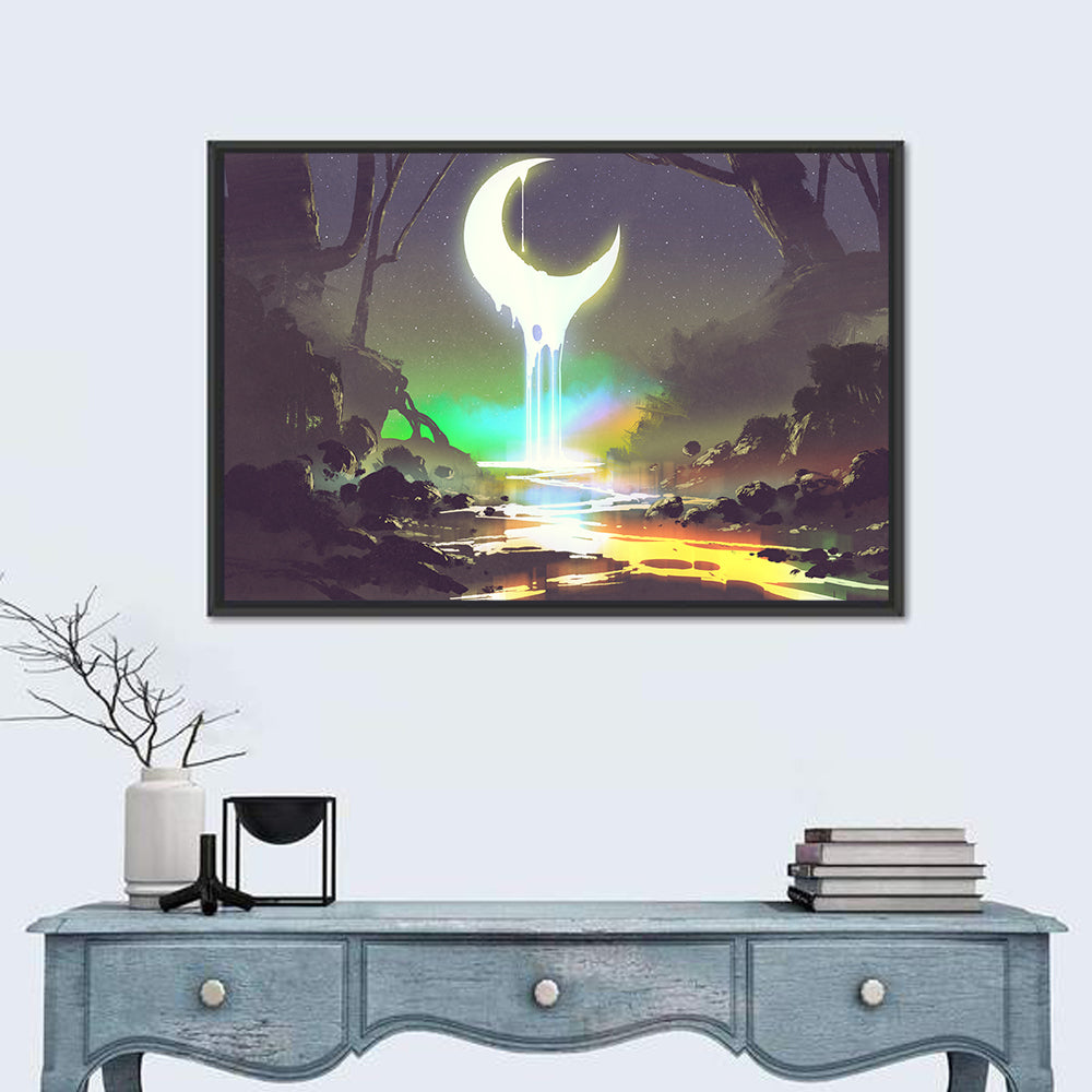 Dripping Moon Over Misty Forest Wall Art in a room, landscape