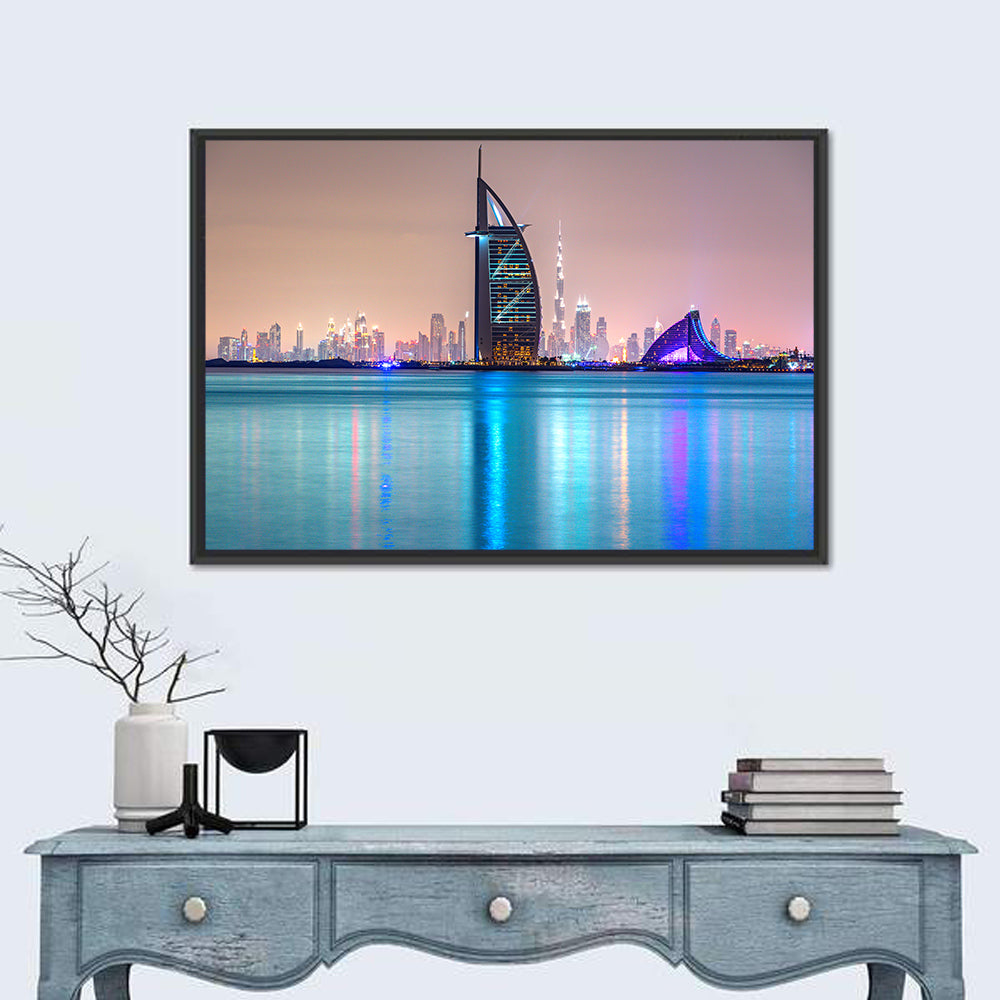 Dubai Night Skyline Wall Art in a room, landscape