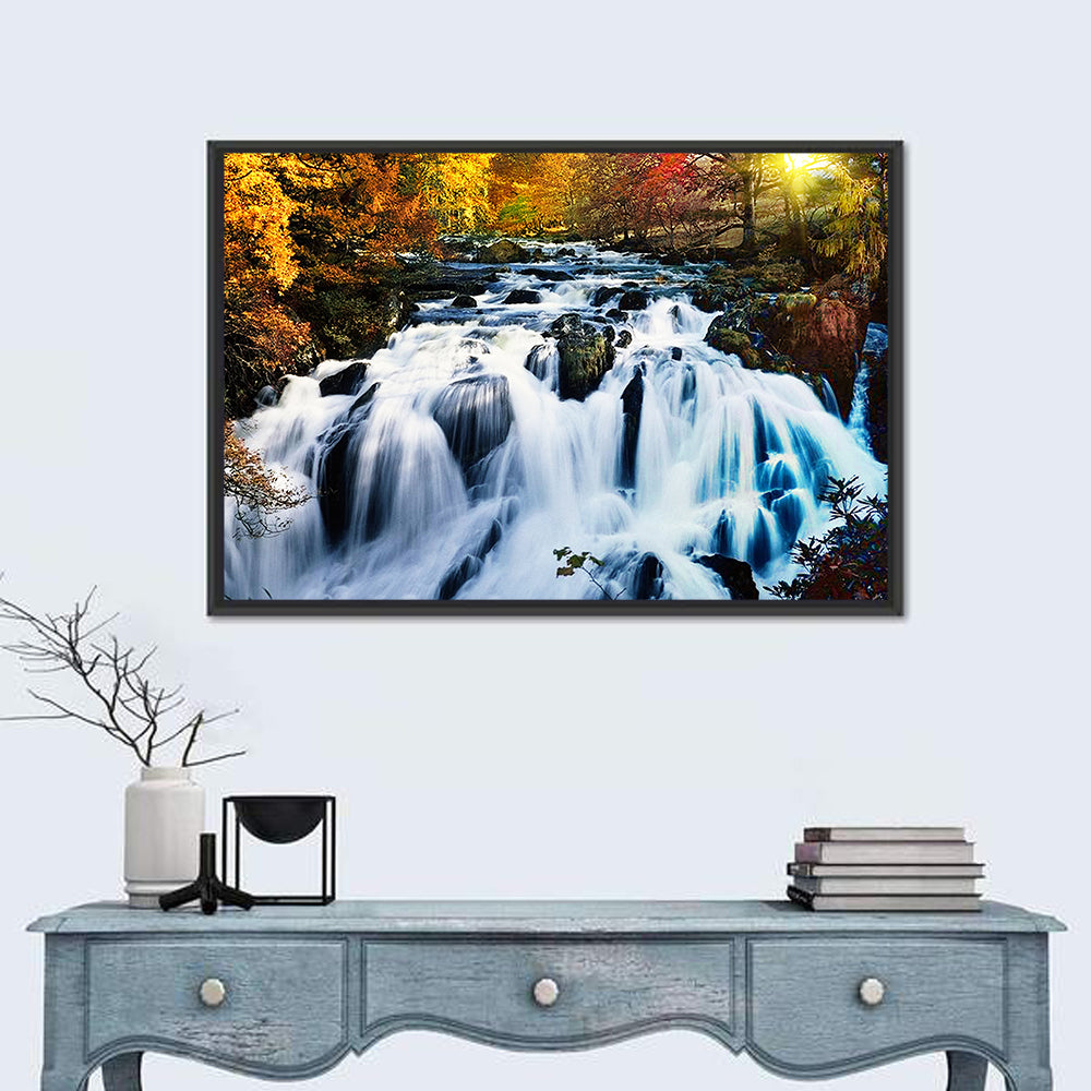 Mossy Autumn Forest Waterfall Wall Art in a room, landscape