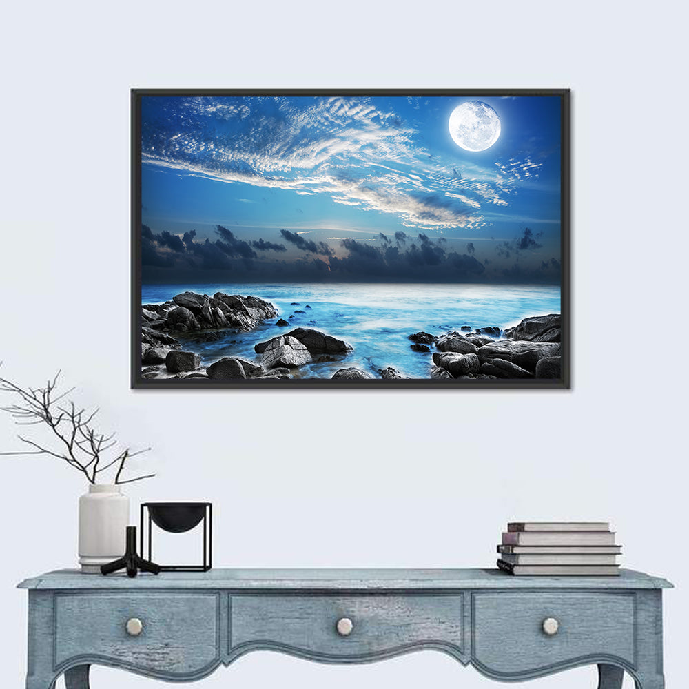 Moonlit Tropical Bay with Rocky Coast Wall Art