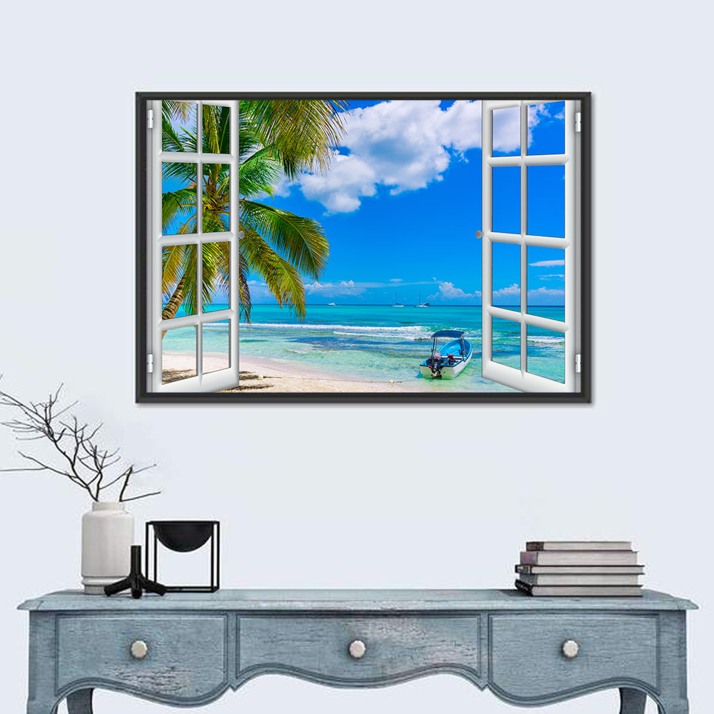 Tropical Ocean View Through Window Wall Art