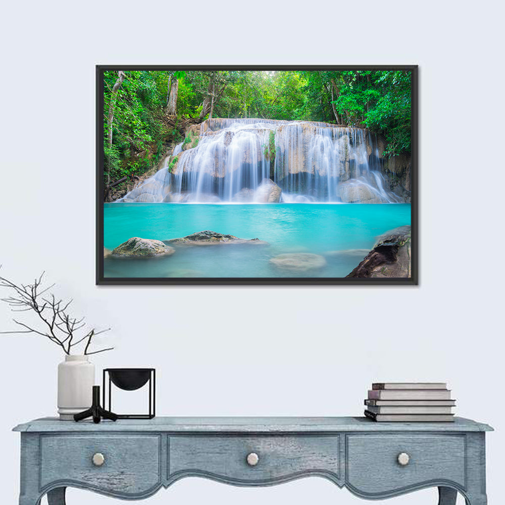 Turquoise Pool Waterfall in Thailand Wall Art in a room, landscape