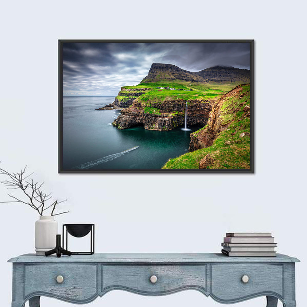 Múlafossur Waterfall, Gásadalur Wall Art in a room, landscape