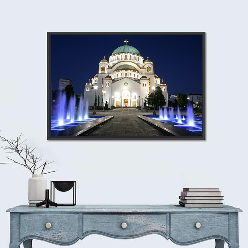 Saint Sava Cathedral at Night Wall Art in a room, landscape