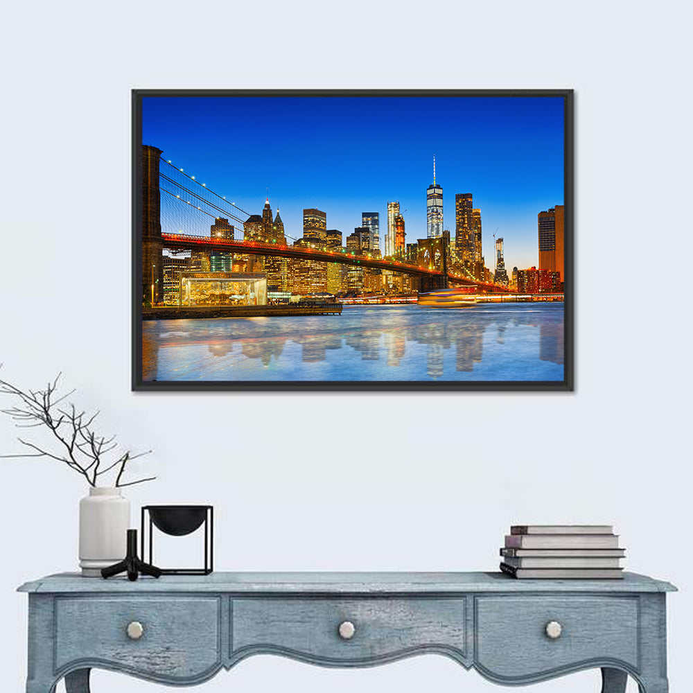 Brooklyn Bridge at Dusk, Lower Manhattan Wall Art in a room, landscape