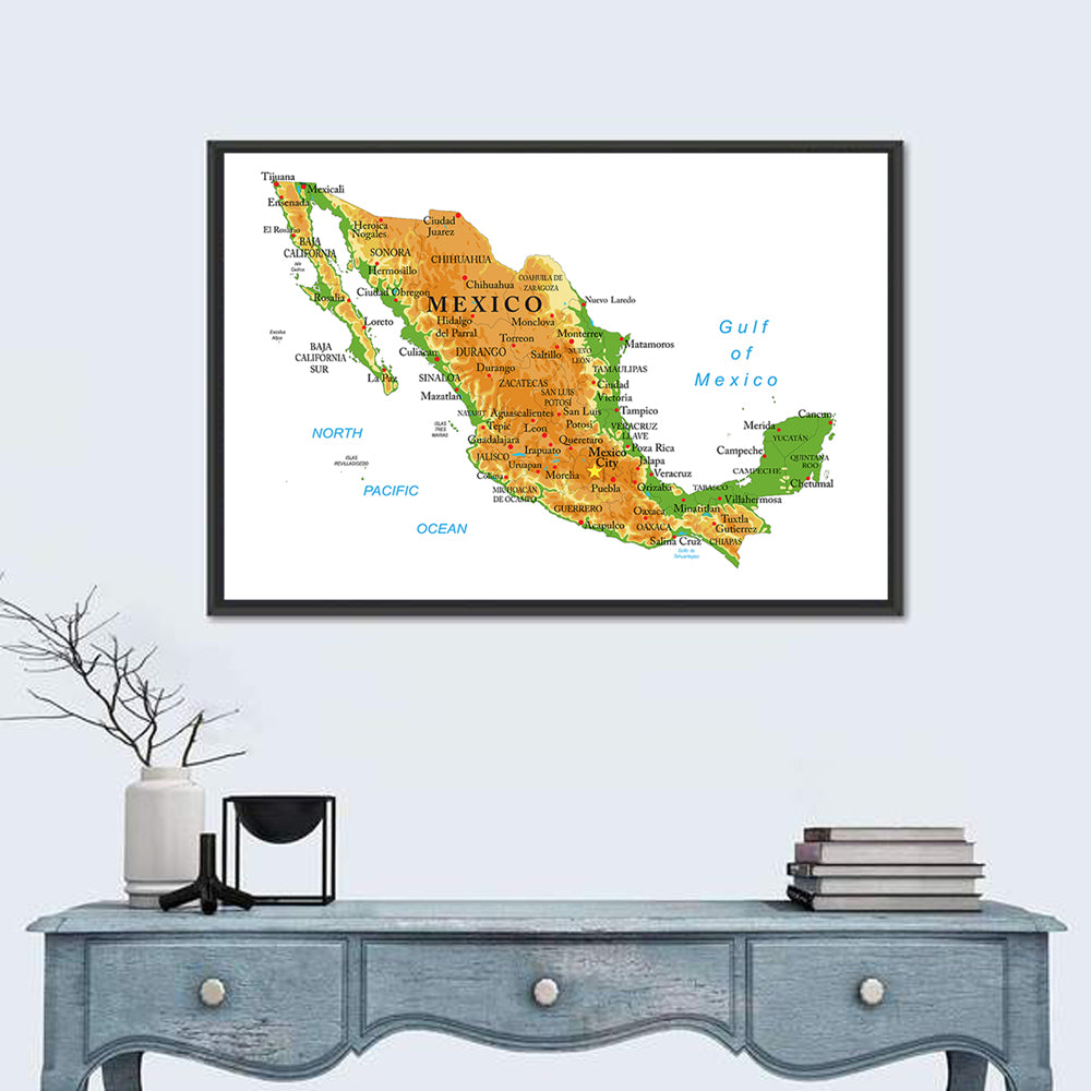 Mexico Physical Map Wall Art in a room, landscape