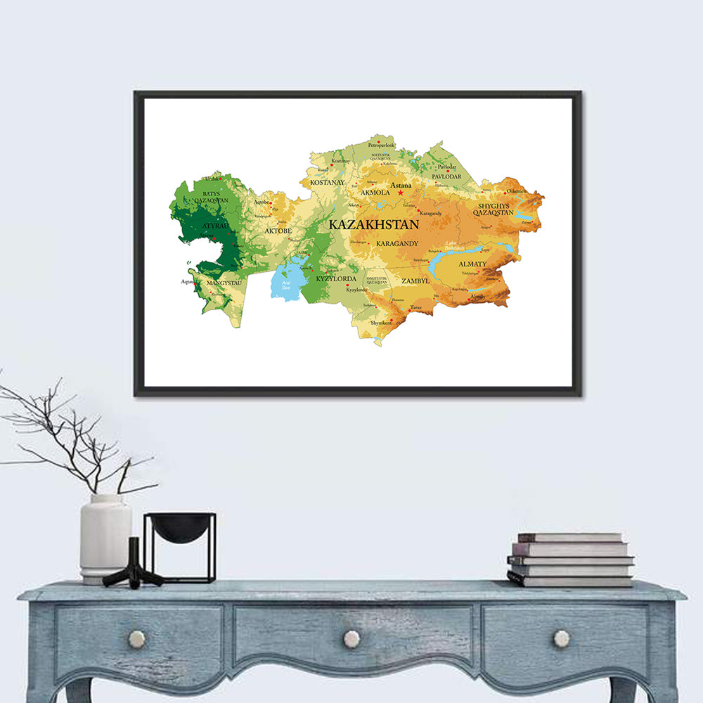 Kazakhstan Relief Map, Color-coded Terrain Wall Art in a room, landscape