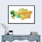 Kazakhstan Relief Map, Color-coded Terrain Wall Art