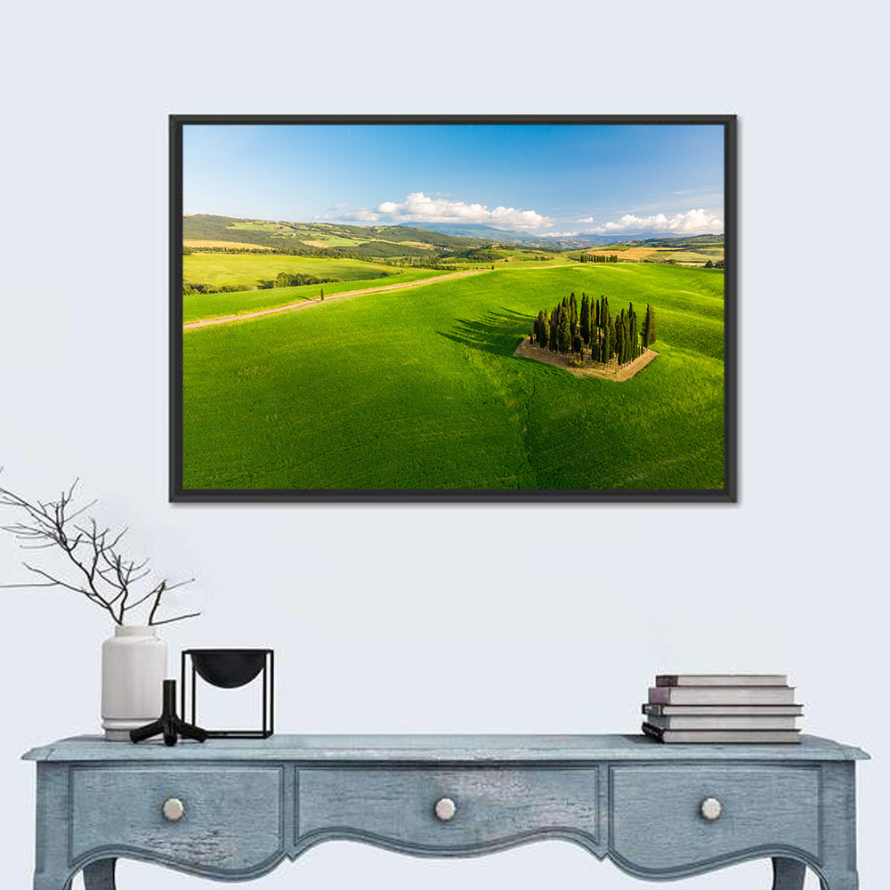 Italian Cypresses on Rolling Hills Wall Art in a room, landscape