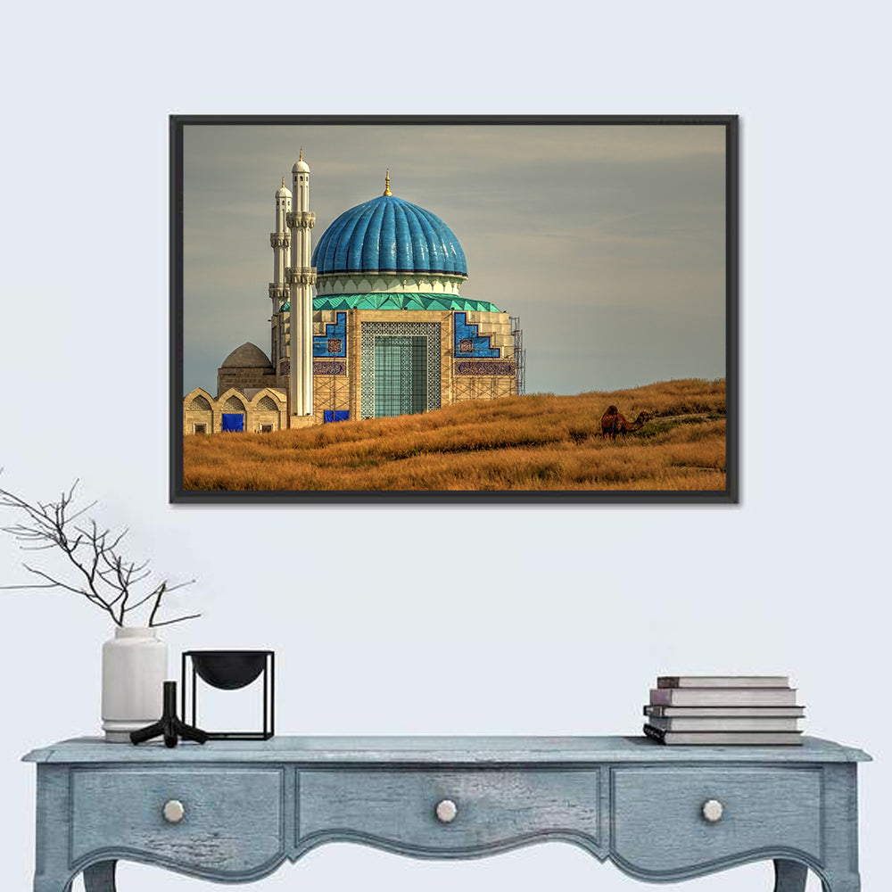Blue Domed Mosque in Turkistan Wall Art in a room, landscape