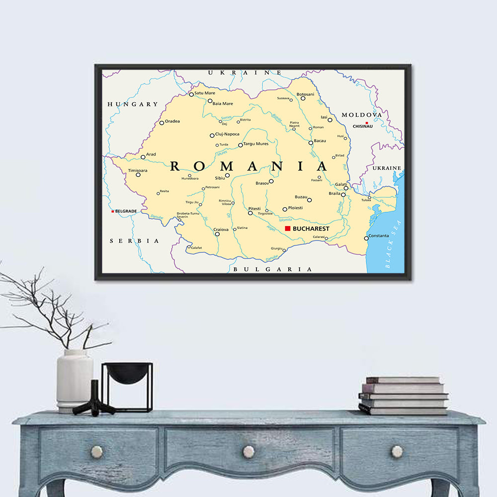 Minimalist Romania Political Map Wall Art in a room, landscape