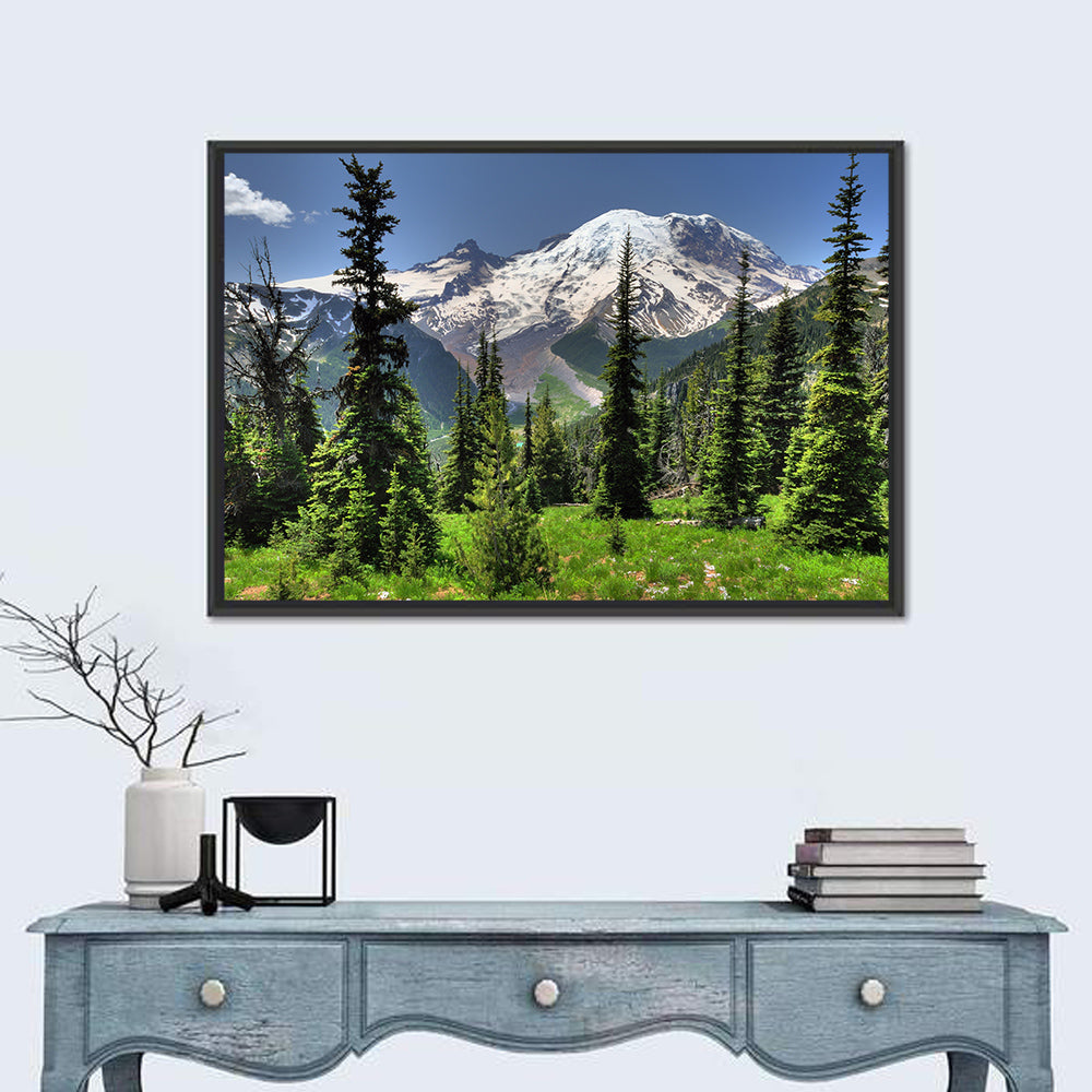Mount Rainier Framed by Pine Trees Wall Art in a room, landscape
