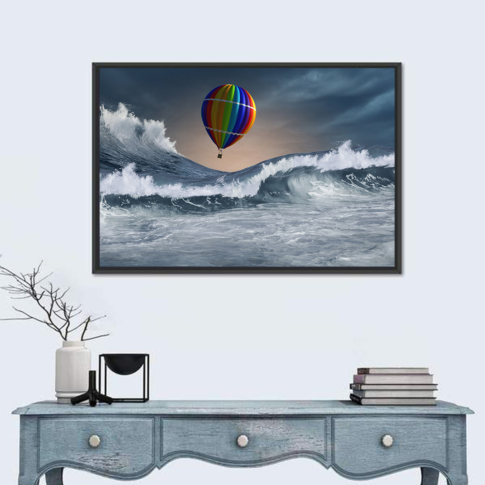 Hot Air Balloon Above Stormy Sea Wall Art in a room, landscape