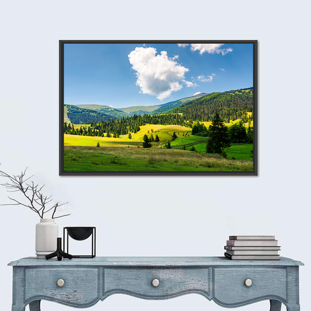 Sunlit Haystacks on Rolling Grassy Hills Wall Art