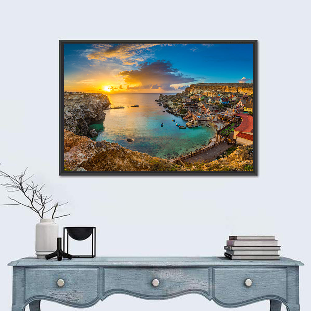 Popeye Village Sunset, Anchor Bay Malta Wall Art in a room, landscape