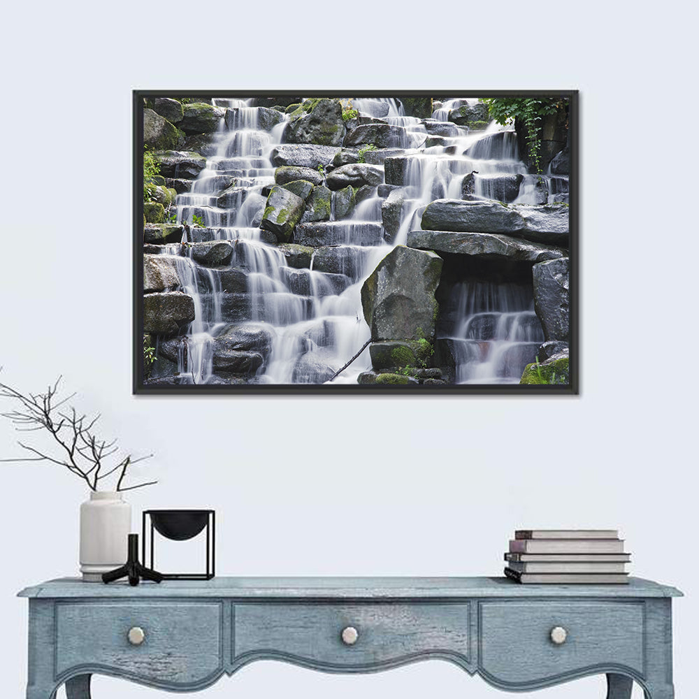 Mossy Tiered Waterfall Wall Art in a room, landscape