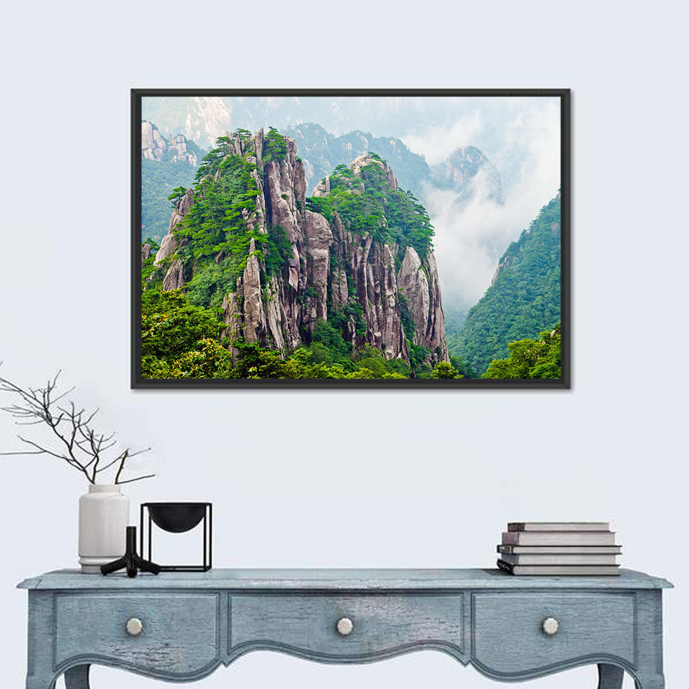 Mount Huangshan Misty Peaks Wall Art in a room, landscape