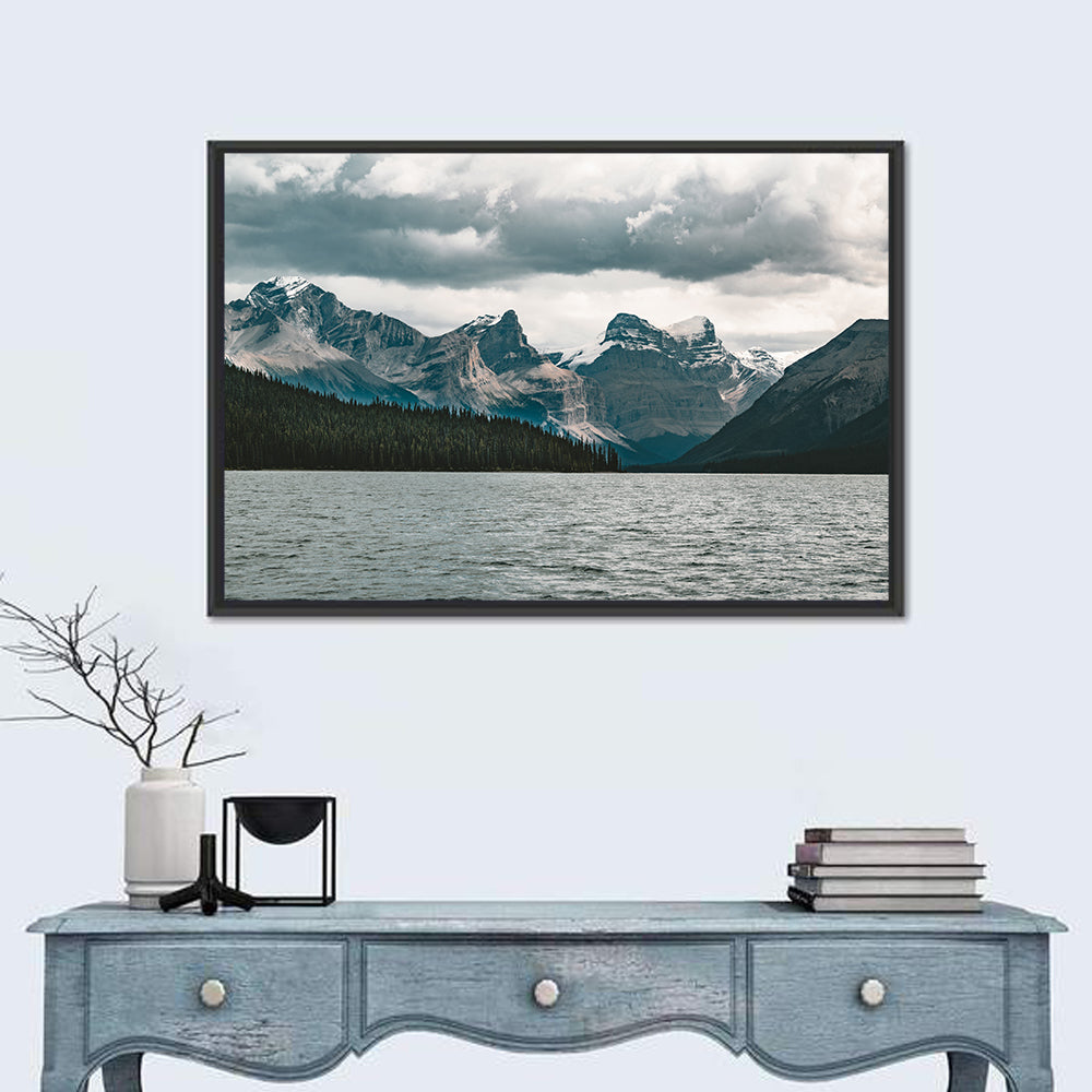 Maligne Lake, Snow-capped Peaks Wall Art in a room, landscape