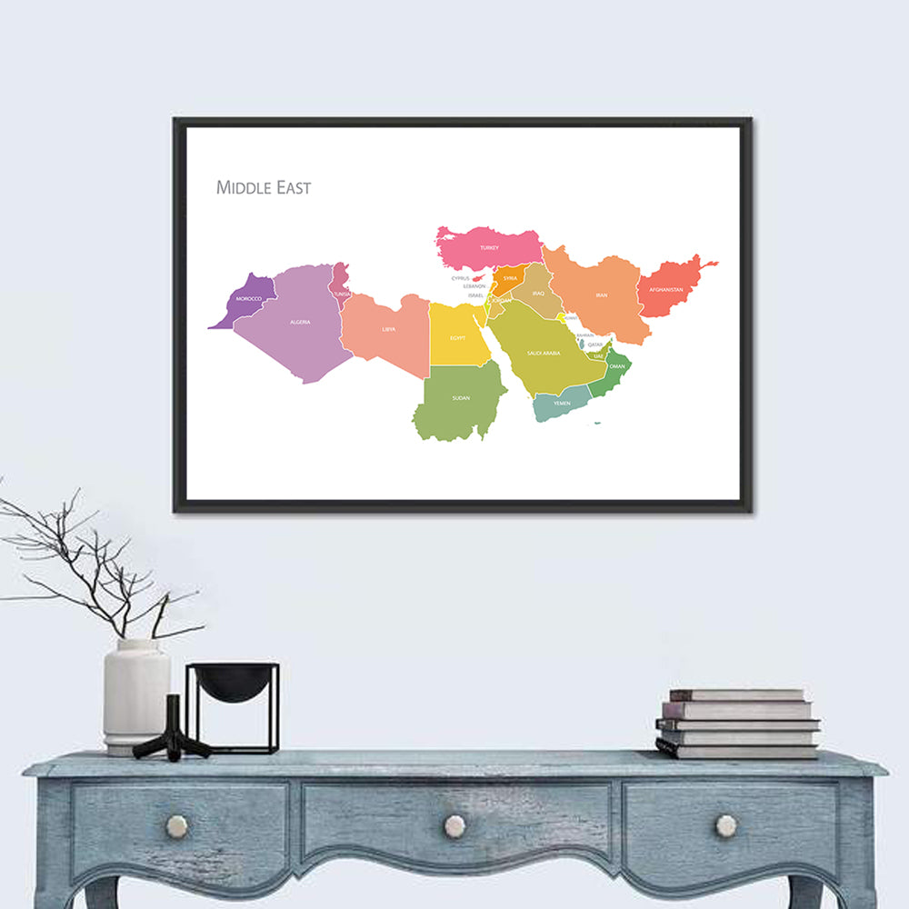 Colorful Middle East Map Wall Art in a room, landscape