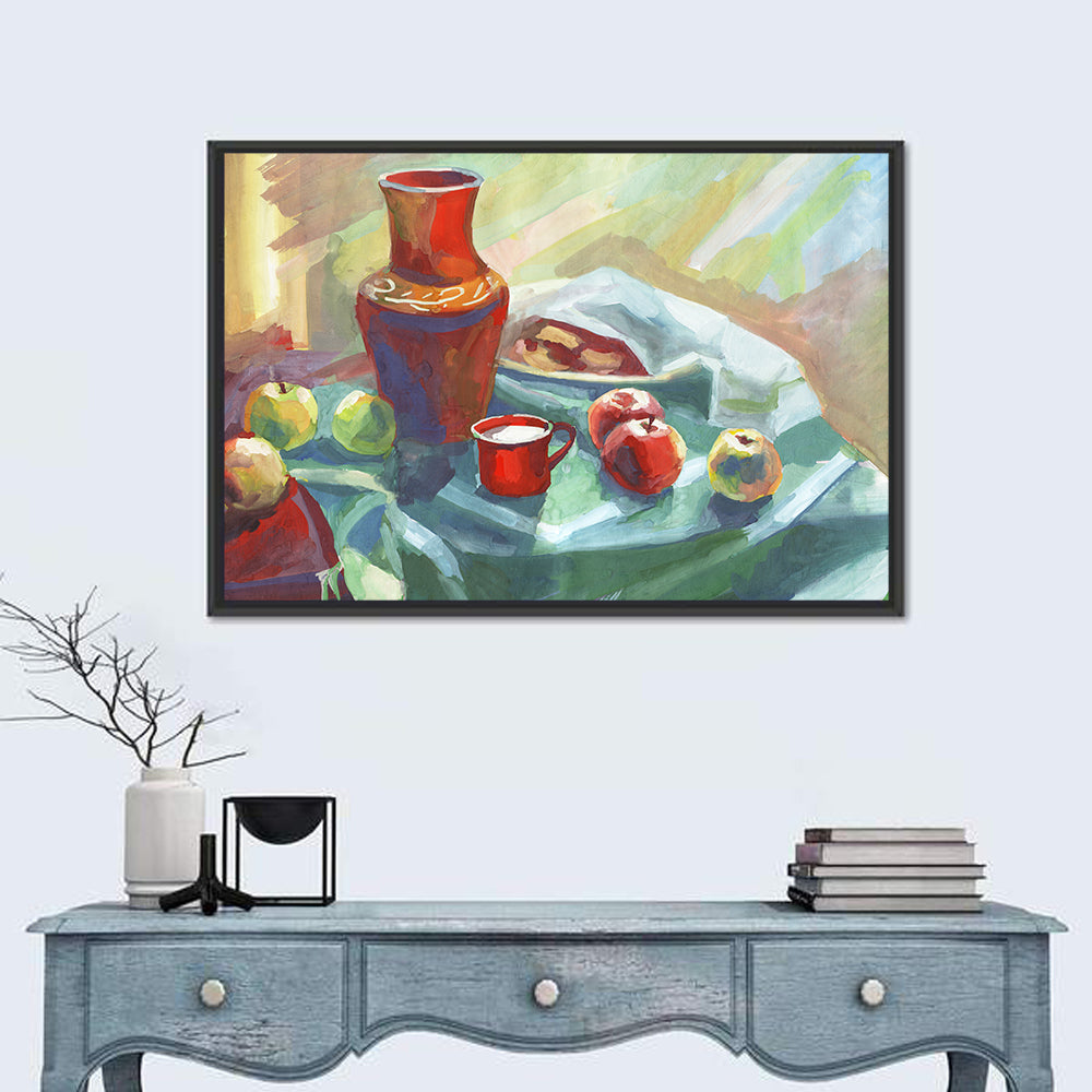 Vase, Apples and Red Cup Still Life Wall Art in a room, landscape