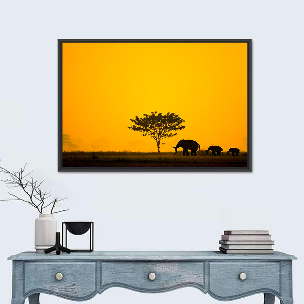 Thailand Elephant Silhouettes Wall Art in a room, landscape