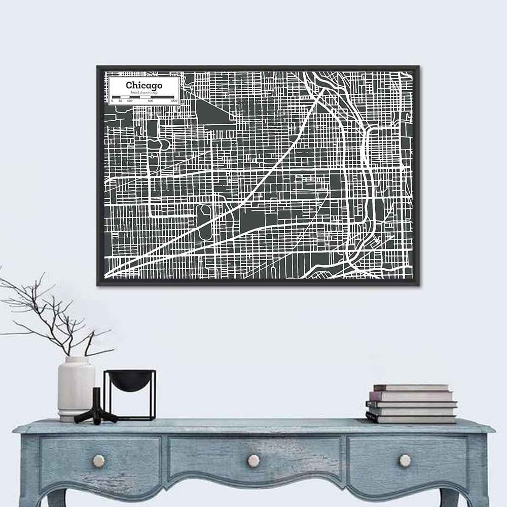 Chicago Street Grid Map Wall Art in a room, landscape