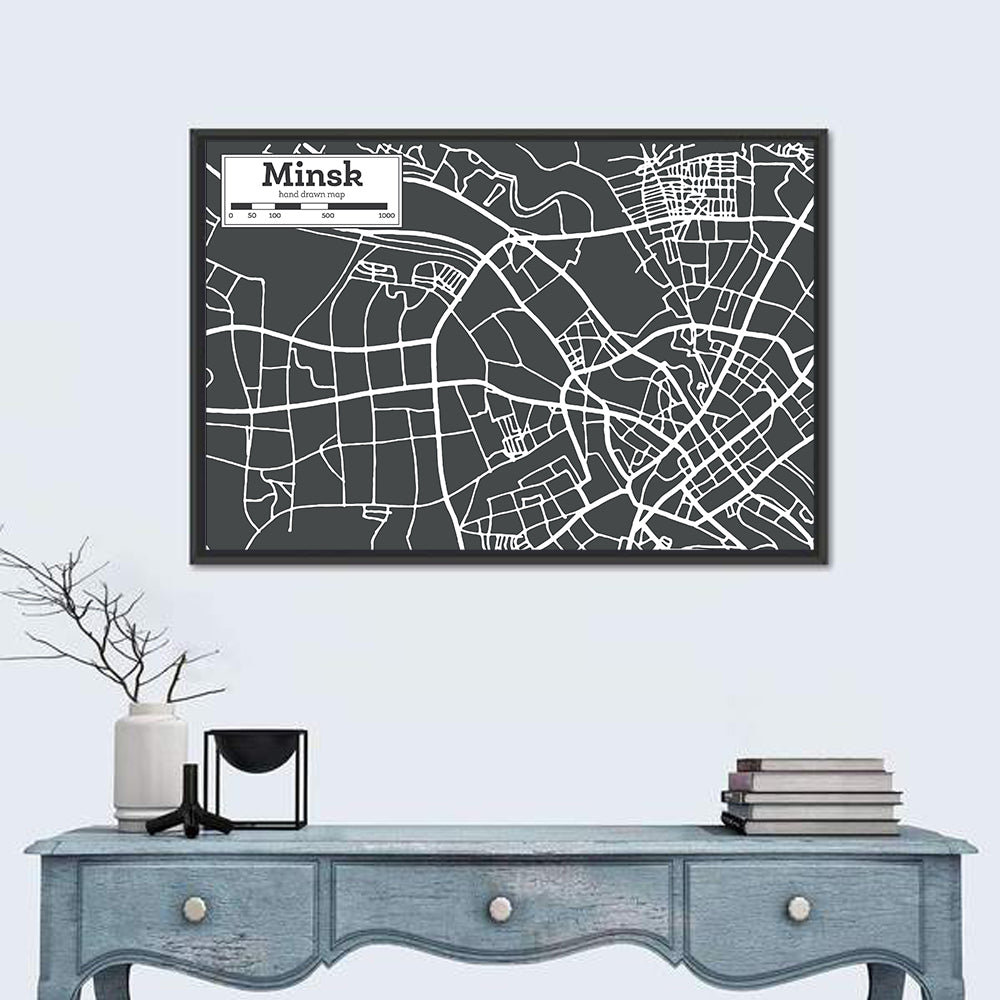 Minsk Hand Drawn Map Wall Art in a room, landscape