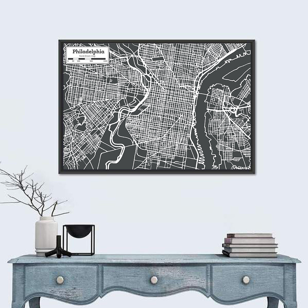 Philadelphia Street Grid Map Wall Art in a room, landscape