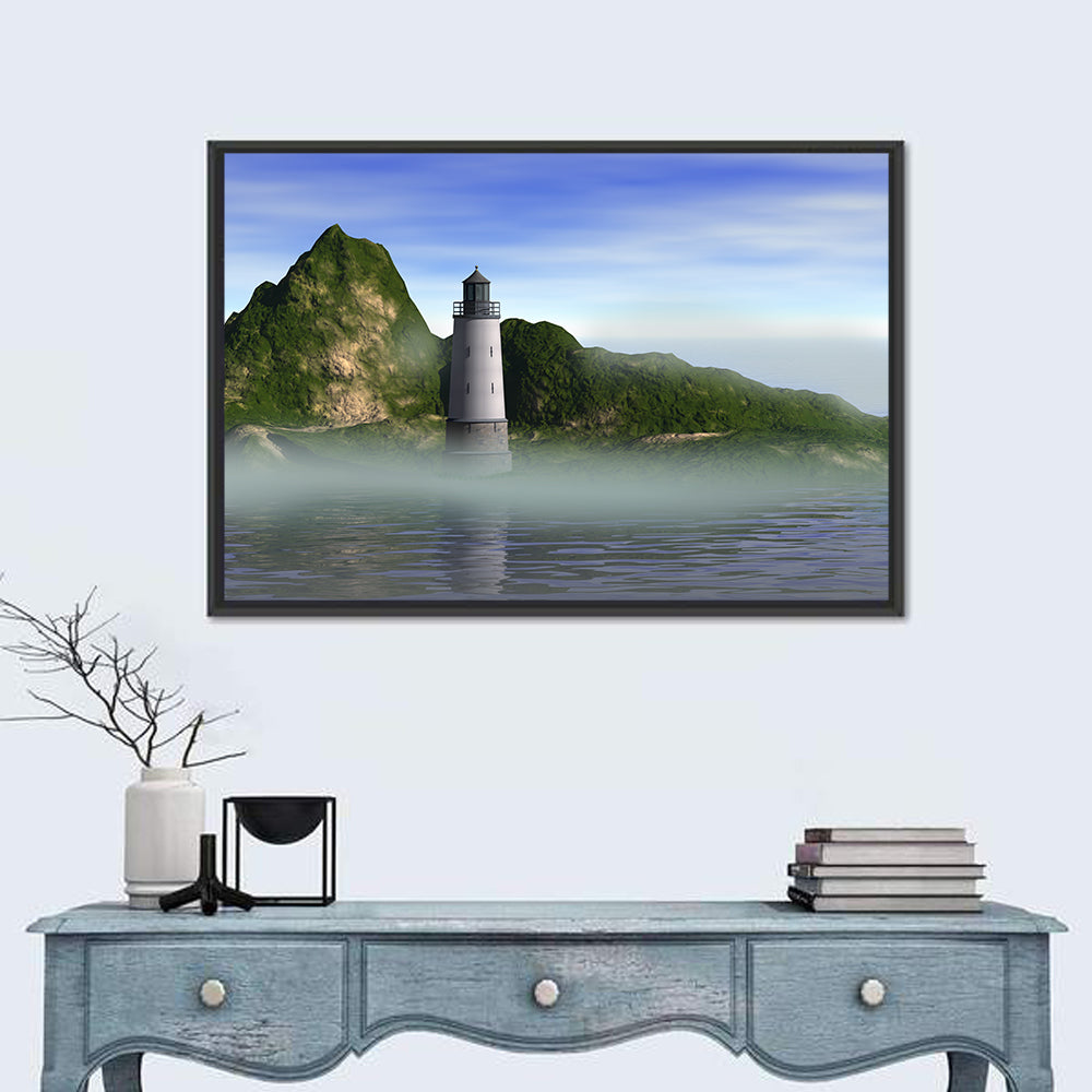 Lighthouse Reflection on Calm Water Wall Art in a room, landscape